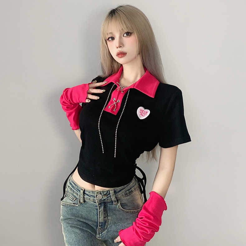 Áo Thun polo Ngắn Tay Ôm Dáng Màu Sắc Tương Phản Phối Dây Rút Thời Trang Dành Cho Nữ