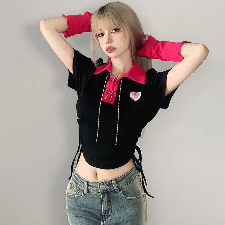 Áo Thun polo Ngắn Tay Ôm Dáng Màu Sắc Tương Phản Phối Dây Rút Thời Trang Dành Cho Nữ