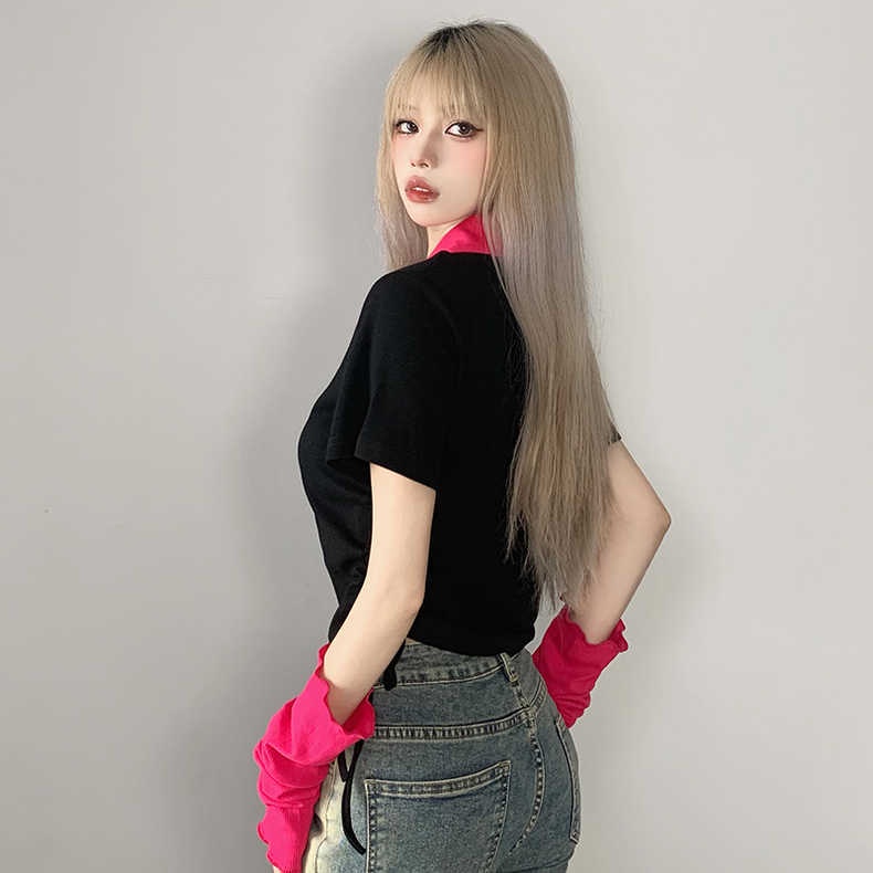 Áo Thun polo Ngắn Tay Ôm Dáng Màu Sắc Tương Phản Phối Dây Rút Thời Trang Dành Cho Nữ