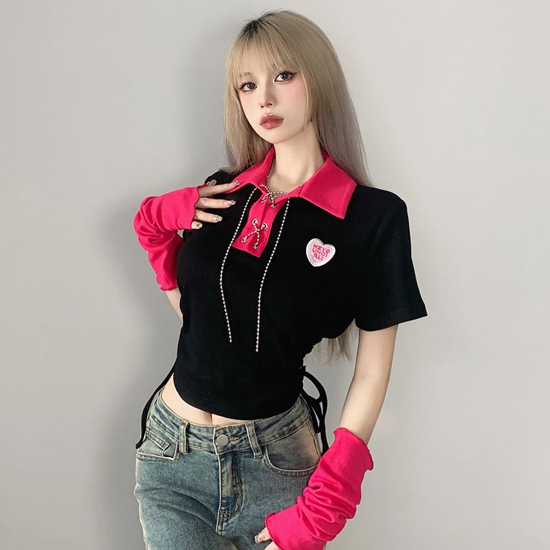 Áo Thun polo Ngắn Tay Ôm Dáng Màu Sắc Tương Phản Phối Dây Rút Thời Trang Dành Cho Nữ