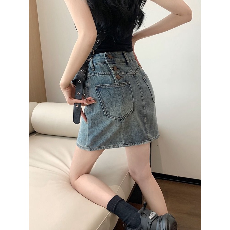 Jiashucheng Chân Váy Denim Chữ A Lưng Cao Thời Trang Retro Mỹ Dành Cho Nữ