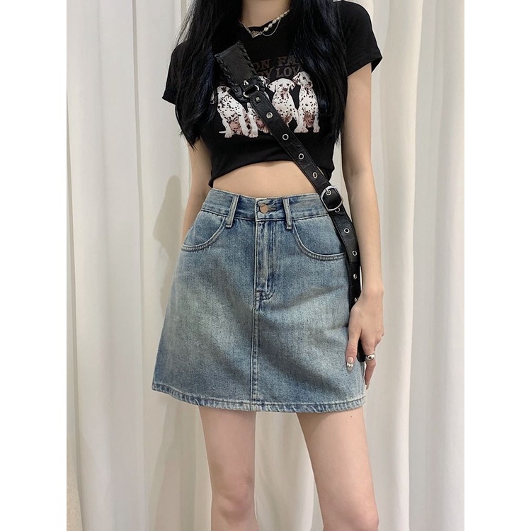 Jiashucheng Chân Váy Denim Chữ A Lưng Cao Thời Trang Retro Mỹ Dành Cho Nữ