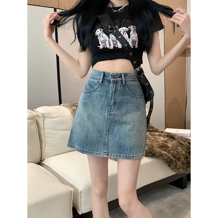 Jiashucheng Chân Váy Denim Chữ A Lưng Cao Thời Trang Retro Mỹ Dành Cho Nữ