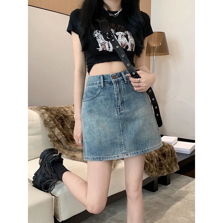 Jiashucheng Chân Váy Denim Chữ A Lưng Cao Thời Trang Retro Mỹ Dành Cho Nữ