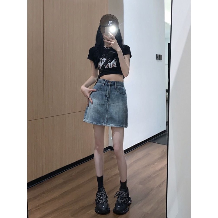 Jiashucheng Chân Váy Denim Chữ A Lưng Cao Thời Trang Retro Mỹ Dành Cho Nữ