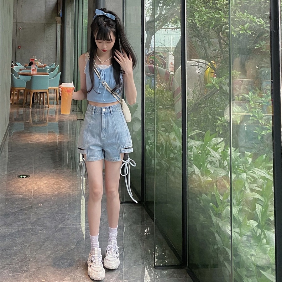 Jiashucheng Áo Thun Ngắn Sát Nách Giả Hai Lớp Phong Cách Hàn Quốc Cho Nữ