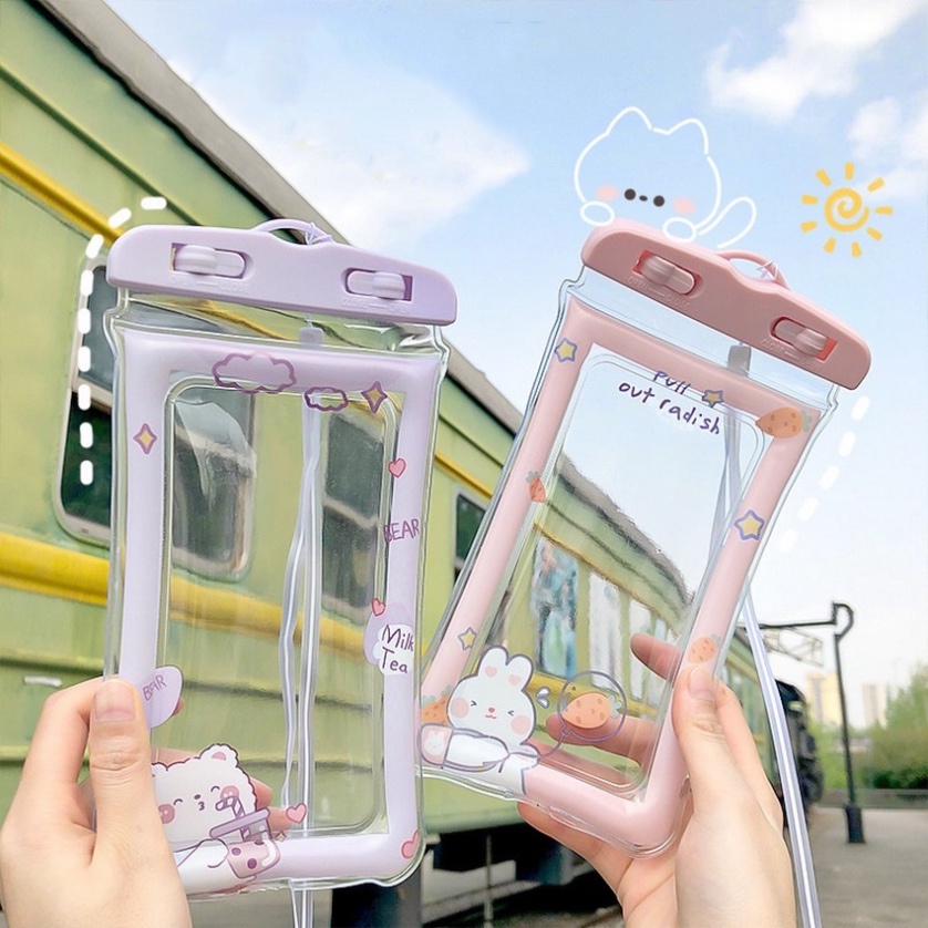 Túi đựng điện thoại trong suốt chống thấm nước họa tiết hoạt hình đáng yêu tiện lợi kèm dây đeo cổ SHEMIN