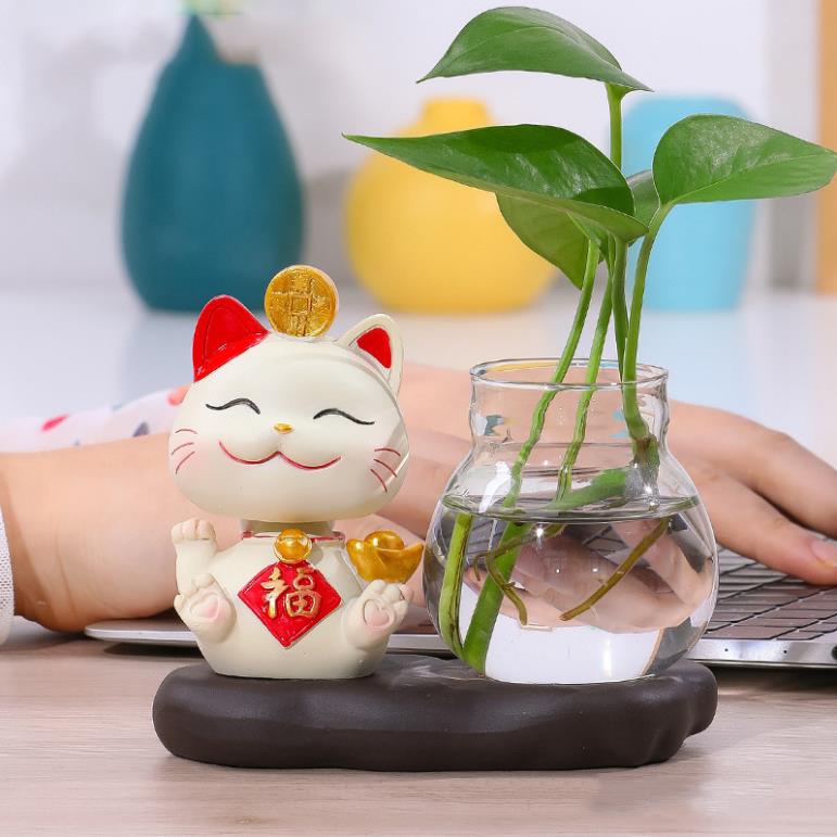 Mèo tài lộc để bàn, Mèo thần tài kèm bình thủy sinh trồng cây trang trí bàn học, góc làm việc 2603 | BigBuy360 - bigbuy360.vn