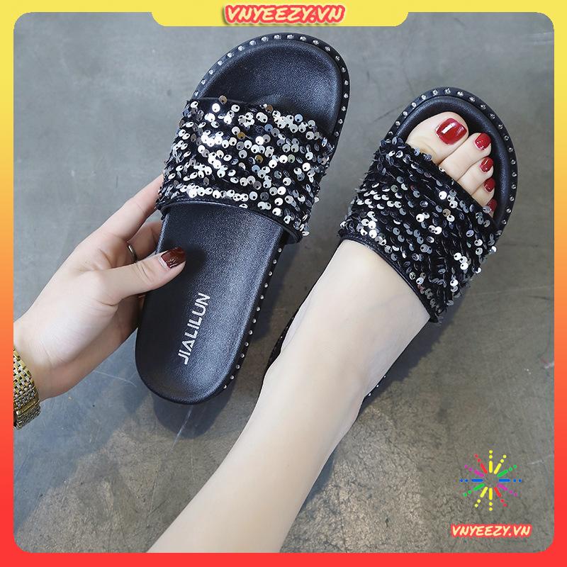 Dép Quai Ngang Đế Dày Đính Kim Sa Lấp Lánh Thời Trang Hàn Quốc Cho Nữ