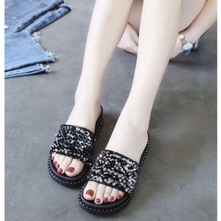 Dép Quai Ngang Đế Dày Đính Kim Sa Lấp Lánh Thời Trang Hàn Quốc Cho Nữ