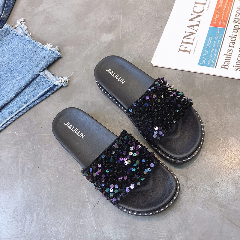 Dép Quai Ngang Đế Dày Đính Kim Sa Lấp Lánh Thời Trang Hàn Quốc Cho Nữ