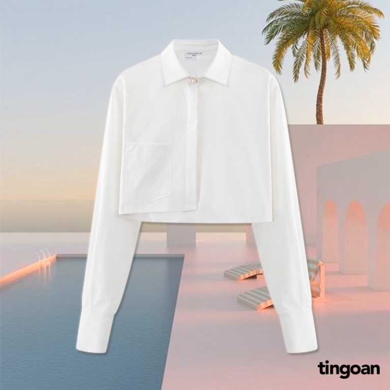 Áo somi crop dài tay cúc ngọc vạt lệch vải chống nhăn trắng tingoan DRUNK IN LOVE SHIRT/WH (cực rẻ )