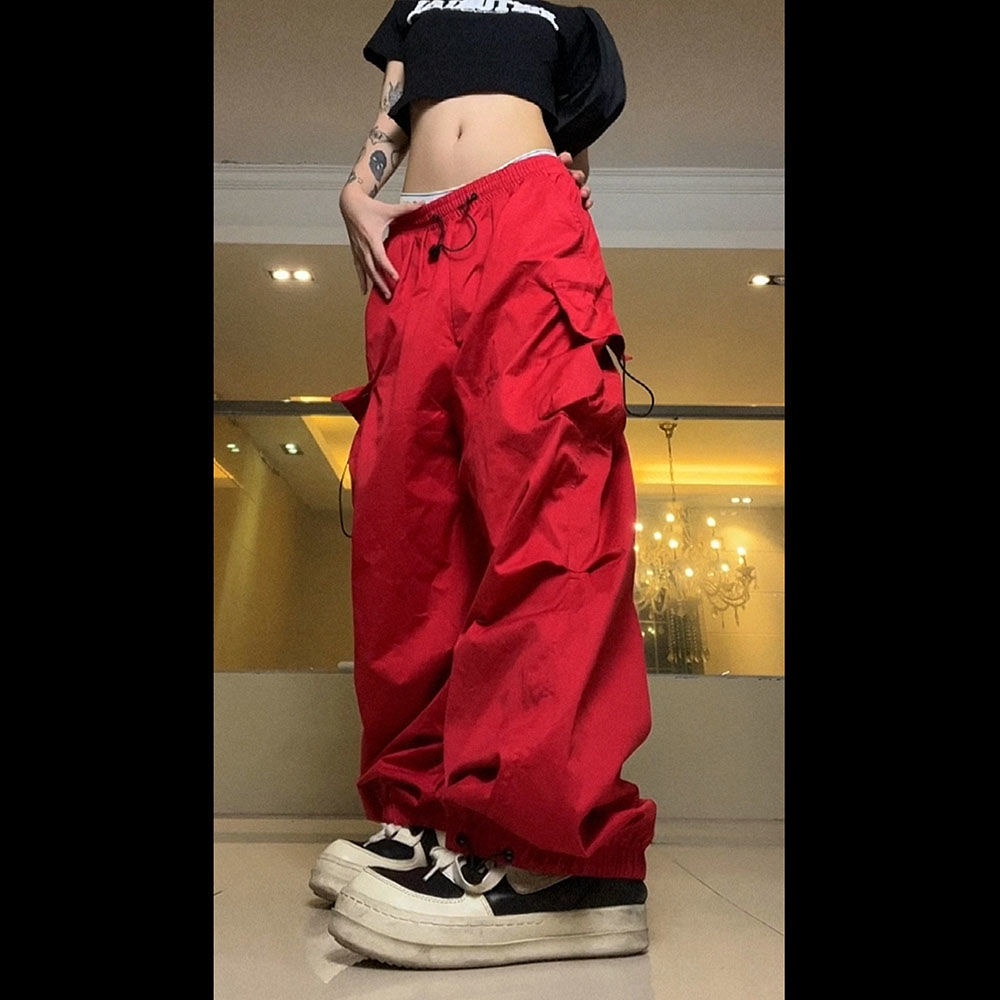 Jiashucheng Quần Yếm Dây Rút Dáng Rộng Có Thể Điều Chỉnh Nhiều Túi Màu Đỏ Chính Hãng Cho Nam Và Nữ