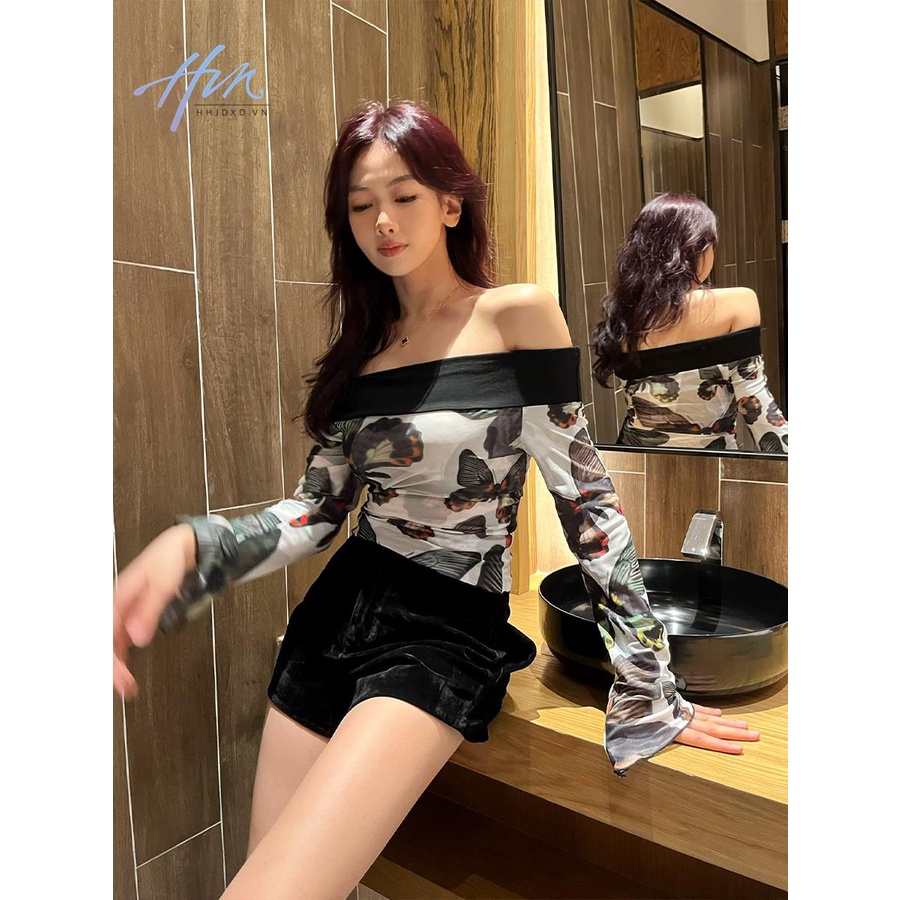 Áo Kiểu Tay Loe Phối Lưới Siêu Mềm In Họa Tiết