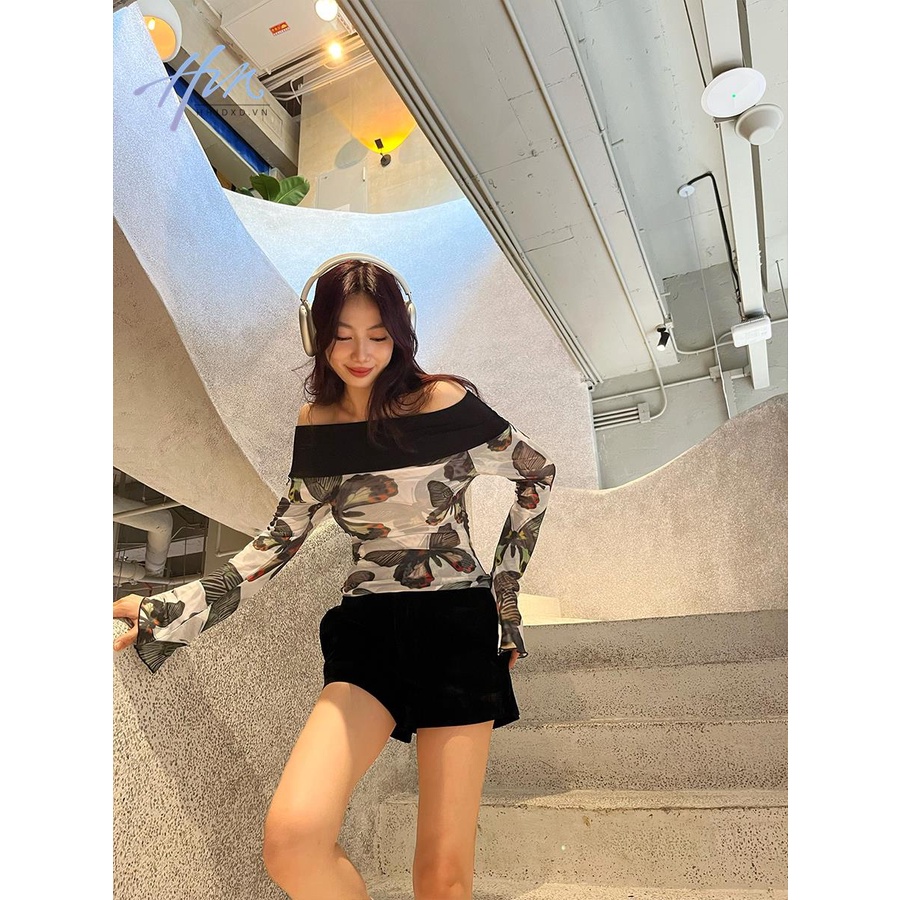 Áo Kiểu Tay Loe Phối Lưới Siêu Mềm In Họa Tiết