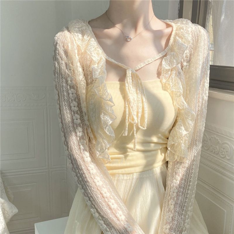 Áo Khoác Cardigan Chống Nắng Bằng Lụa Lạnh Mỏng Dáng Ngắn Phối Ren Và Đầm Hai Dây Dành Cho Bạn Nữ