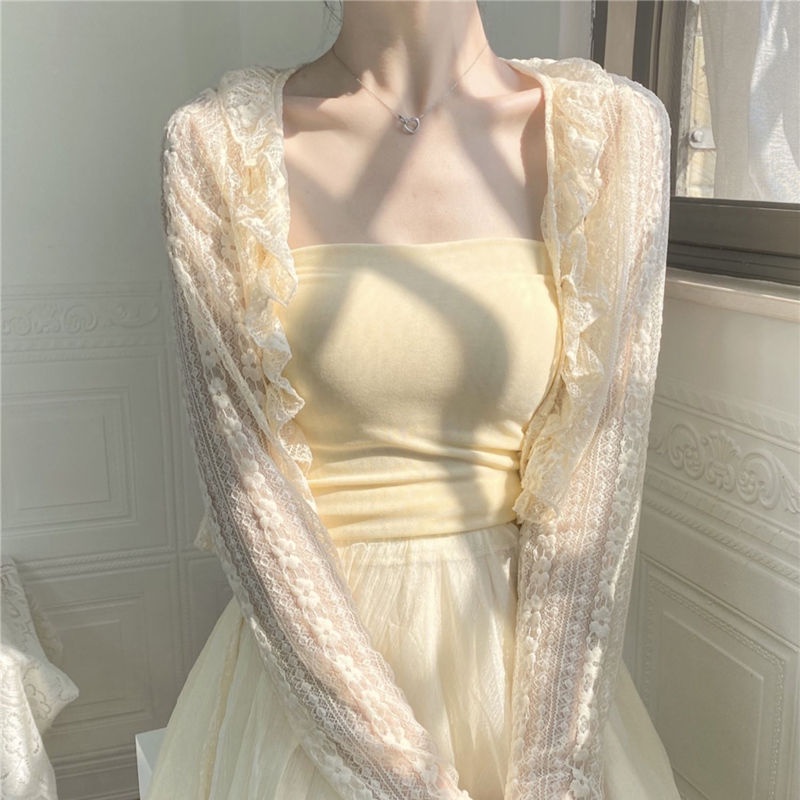 Áo Khoác Cardigan Chống Nắng Bằng Lụa Lạnh Mỏng Dáng Ngắn Phối Ren Và Đầm Hai Dây Dành Cho Bạn Nữ