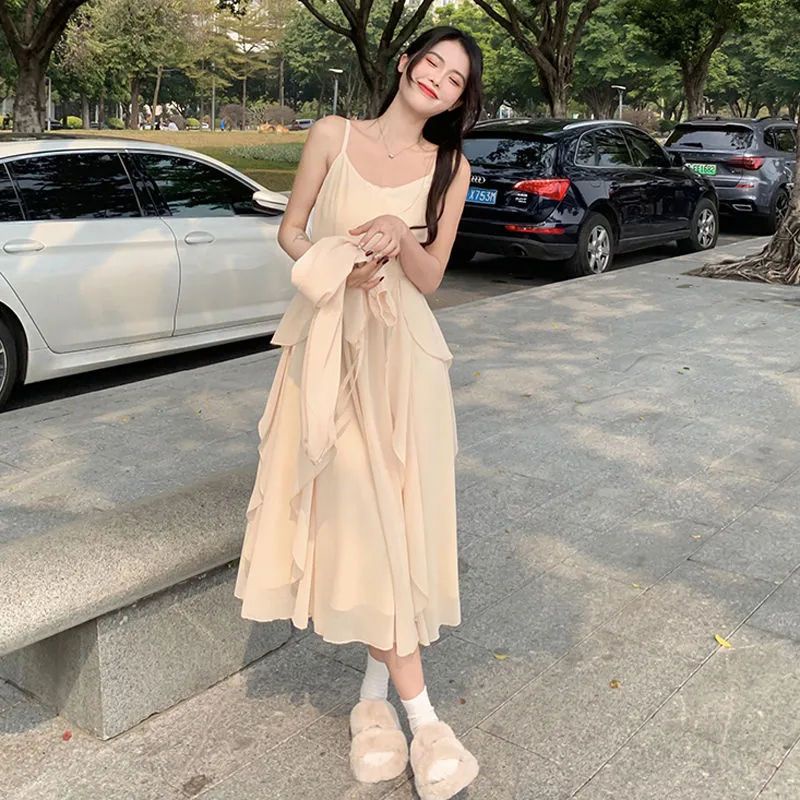 Set Đầm Hai Dây Và Áo Khoác Cardigan Dài Tay Chống Nắng Thời Trang Mùa Hè Cho Nữ