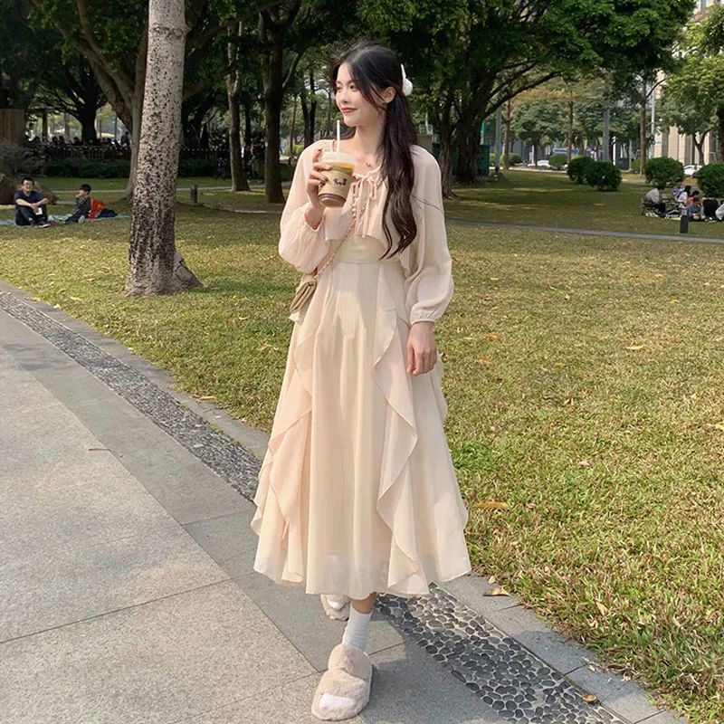 Set Đầm Hai Dây Và Áo Khoác Cardigan Dài Tay Chống Nắng Thời Trang Mùa Hè Cho Nữ