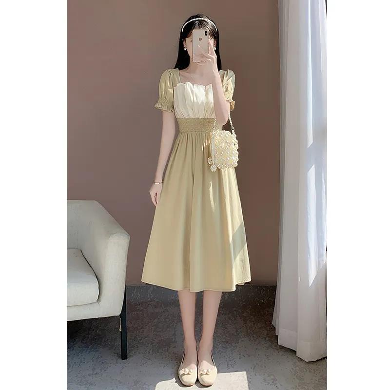 Đầm Tay Ngắn Cổ Vuông Dáng Dài Ôm Eo Kiểu Pháp Thời Trang Mùa Hè Xinh Xắn Cho Nữ