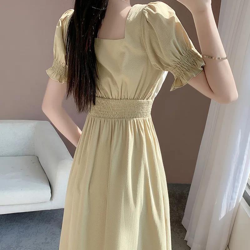 Đầm Tay Ngắn Cổ Vuông Dáng Dài Ôm Eo Kiểu Pháp Thời Trang Mùa Hè Xinh Xắn Cho Nữ