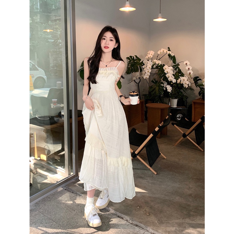 Hepburn Đầm Dài Hai Dây Cổ Cao Thời Trang Mùa Hè Siêu Thượng Phong Cách Hepburn Cl