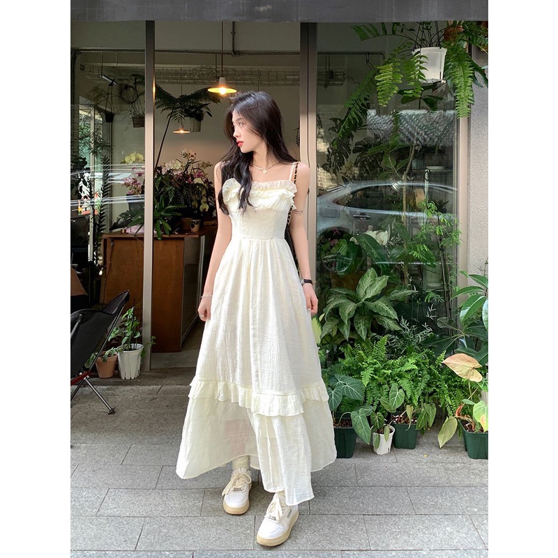 Hepburn Đầm Dài Hai Dây Cổ Cao Thời Trang Mùa Hè Siêu Thượng Phong Cách Hepburn Cl