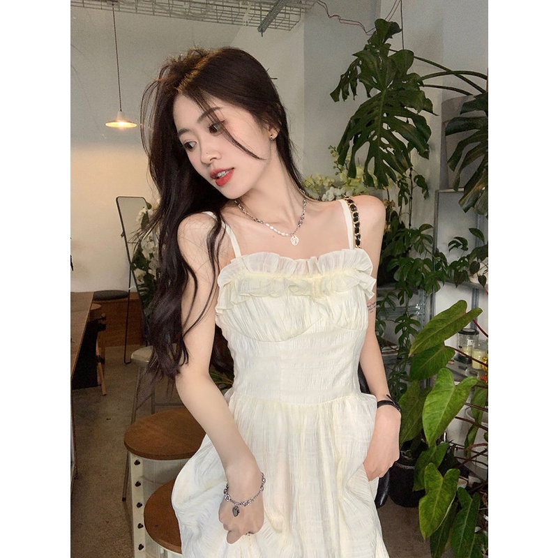 Hepburn Đầm Dài Hai Dây Cổ Cao Thời Trang Mùa Hè Siêu Thượng Phong Cách Hepburn Cl