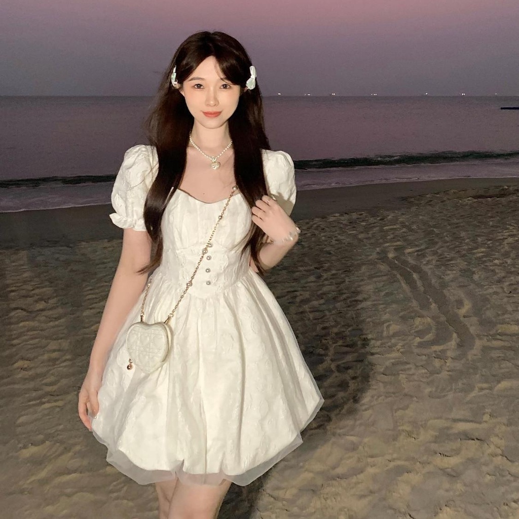 Đầm Trắng Dáng Ôm In Hoa Phong Cách Pháp Thời Trang Mùa Hè Cho Nữ