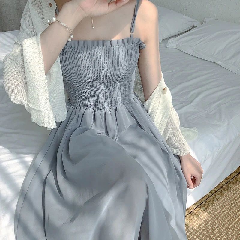 Đầm Voan Hai Dây Dáng Dài Phong Cách Hàn Quốc Thời Trang Mùa Hè Xinh Xắn Cho Nữ