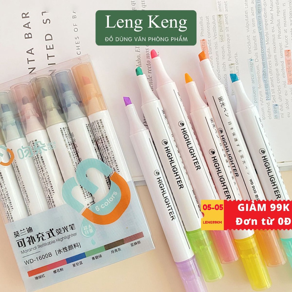 Bút dạ quang 6 màu highlight pastel văn phòng phẩm Leng Keng đánh dấu nhớ dòng HP7251