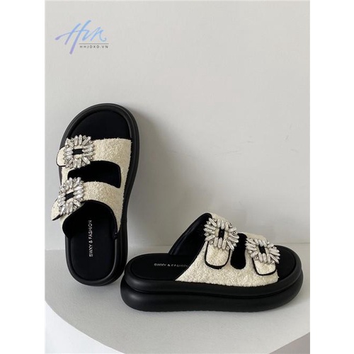 Dép Sandal Đế Dày Chống Trượt Quai Đính Đá Vuông Thời Trang Mùa Hè 2023 Mới Cho Nữ