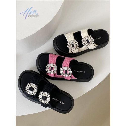 Dép Sandal Đế Dày Chống Trượt Quai Đính Đá Vuông Thời Trang Mùa Hè 2023 Mới Cho Nữ