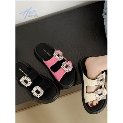 Dép Sandal Đế Dày Chống Trượt Quai Đính Đá Vuông Thời Trang Mùa Hè 2023 Mới Cho Nữ