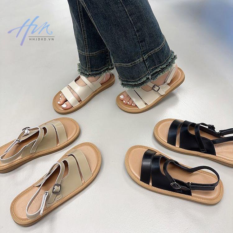Giày Sandal Đế Mềm Phẳng Hở Ngón Mùa Hè 2023 Có Khóa Cài Phong Cách Roman Cho Nữ