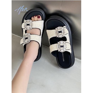 Dép Sandal Đế Dày Chống Trượt Quai Đính Đá Vuông Thời Trang Mùa Hè 2023 Mới Cho Nữ