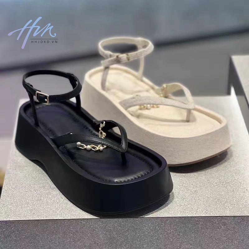 Giày Sandal Xỏ Ngón Đế Dày Quai Xỏ Hạt Phong Cách Hàn Quốc Thời Trang Mùa Hè Cho Nữ