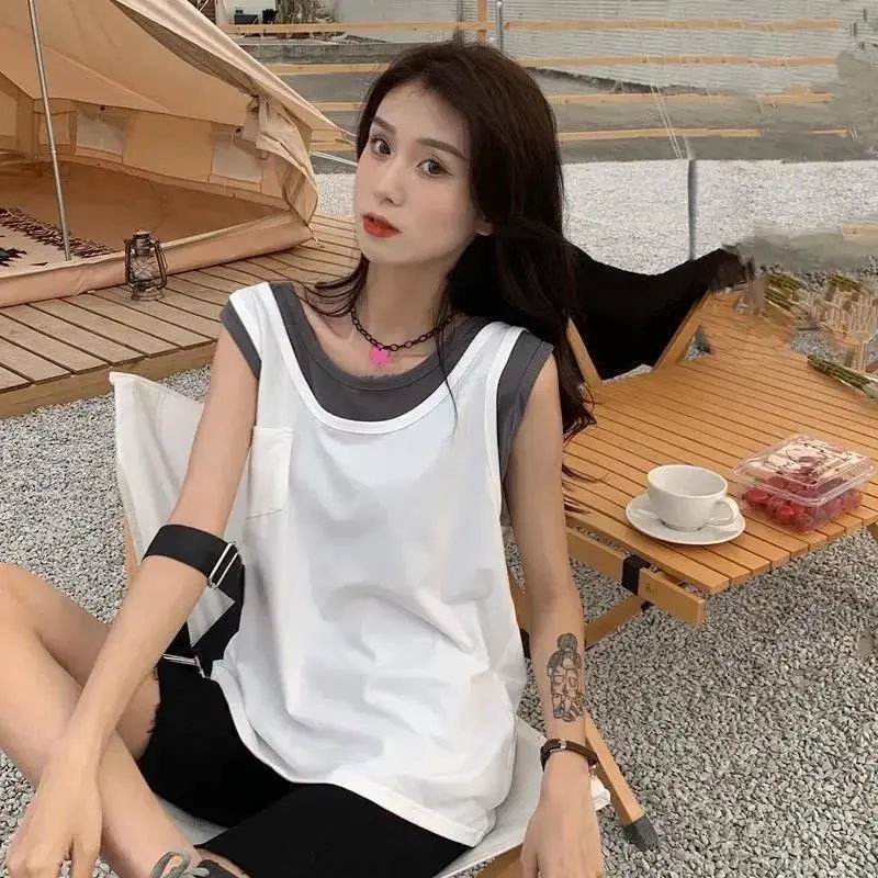 Áo Thun Thể Thao Sát Nách Giả Hai Lớp Dáng Rộng Thời Trang Mùa Hè Cho Nữ