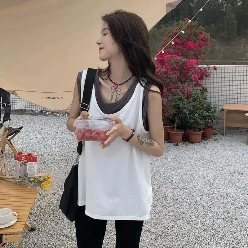 Áo Thun Thể Thao Sát Nách Giả Hai Lớp Dáng Rộng Thời Trang Mùa Hè Cho Nữ