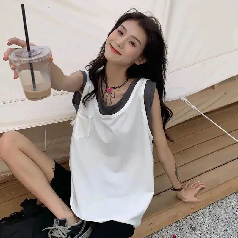 Áo Thun Thể Thao Sát Nách Giả Hai Lớp Dáng Rộng Thời Trang Mùa Hè Cho Nữ