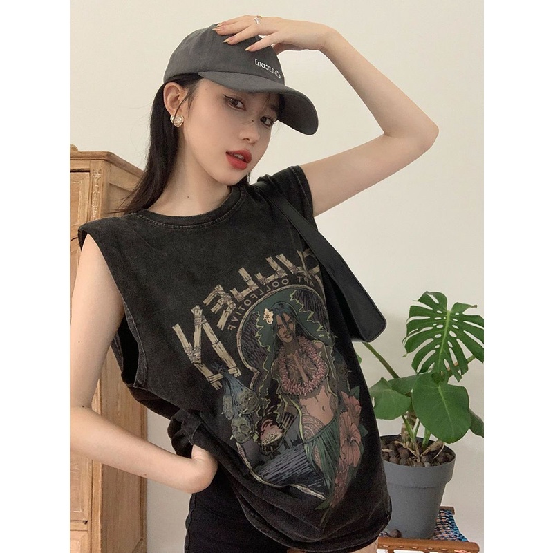 Áo Thun Thể Thao Không Tay Dáng Rộng Thêu Chữ Phong Cách Retro Dành Cho Nữ