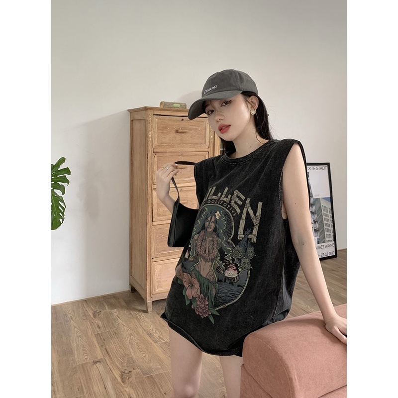 Áo Thun Thể Thao Không Tay Dáng Rộng Thêu Chữ Phong Cách Retro Dành Cho Nữ
