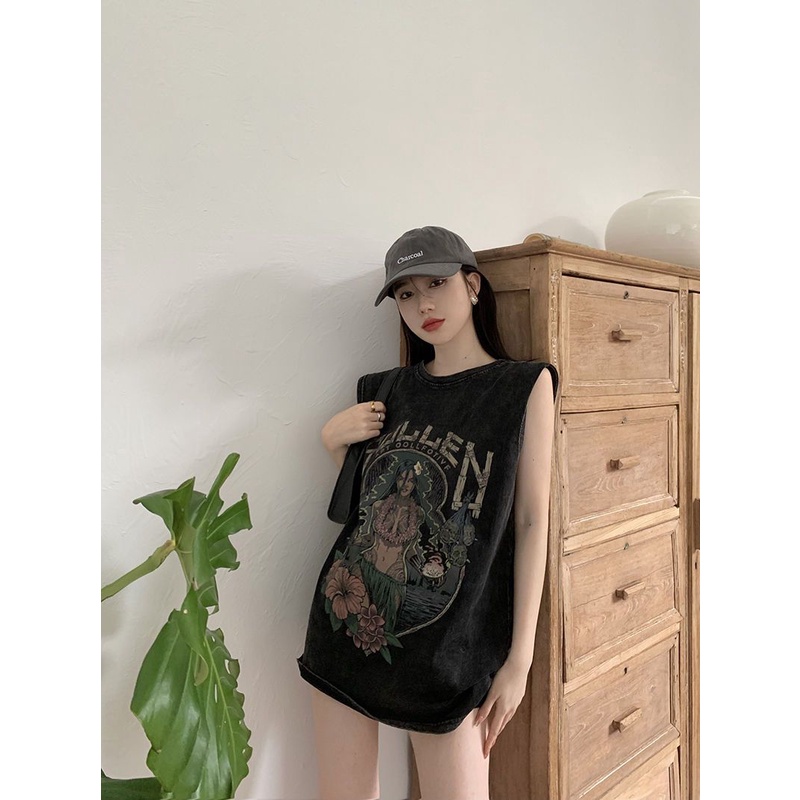 Áo Thun Thể Thao Không Tay Dáng Rộng Thêu Chữ Phong Cách Retro Dành Cho Nữ