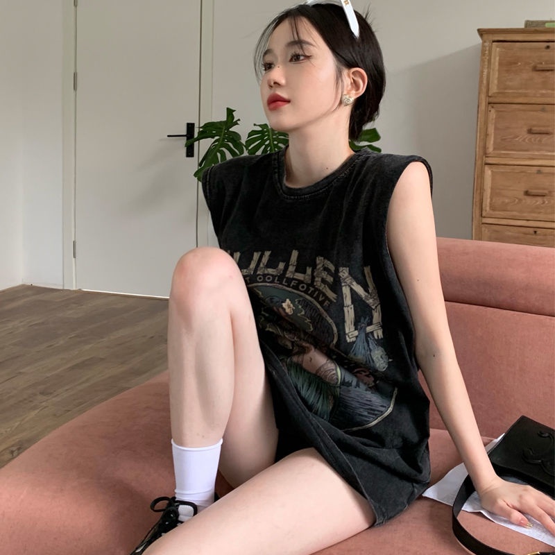 Áo Thun Thể Thao Không Tay Dáng Rộng Thêu Chữ Phong Cách Retro Dành Cho Nữ