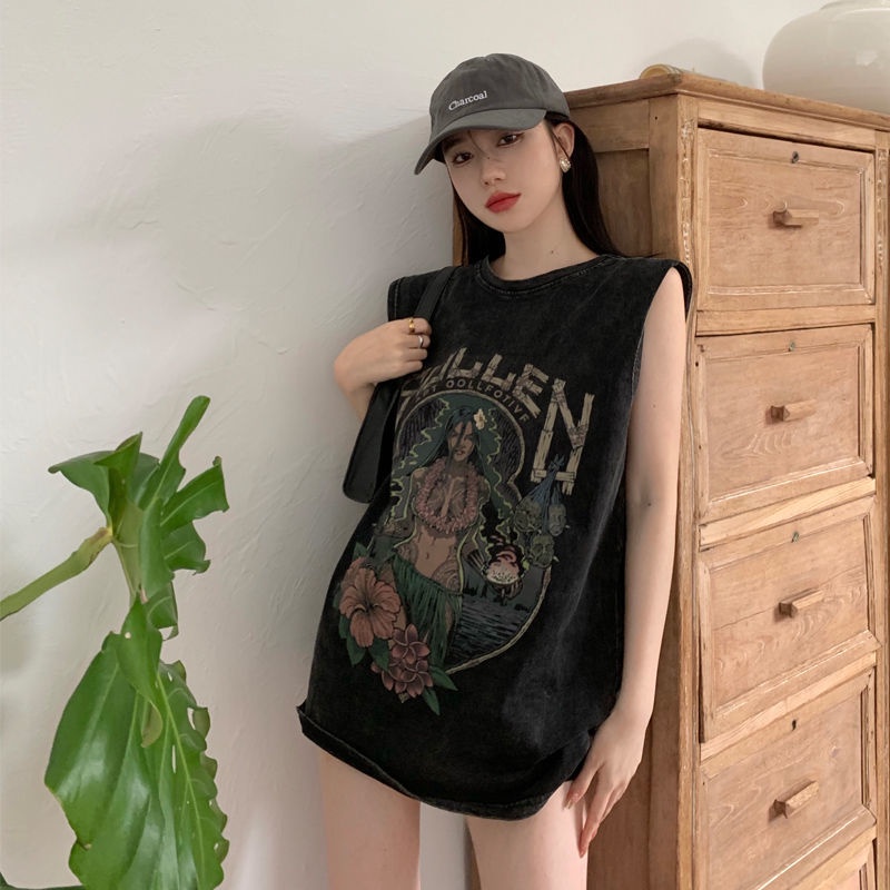 Áo Thun Thể Thao Không Tay Dáng Rộng Thêu Chữ Phong Cách Retro Dành Cho Nữ
