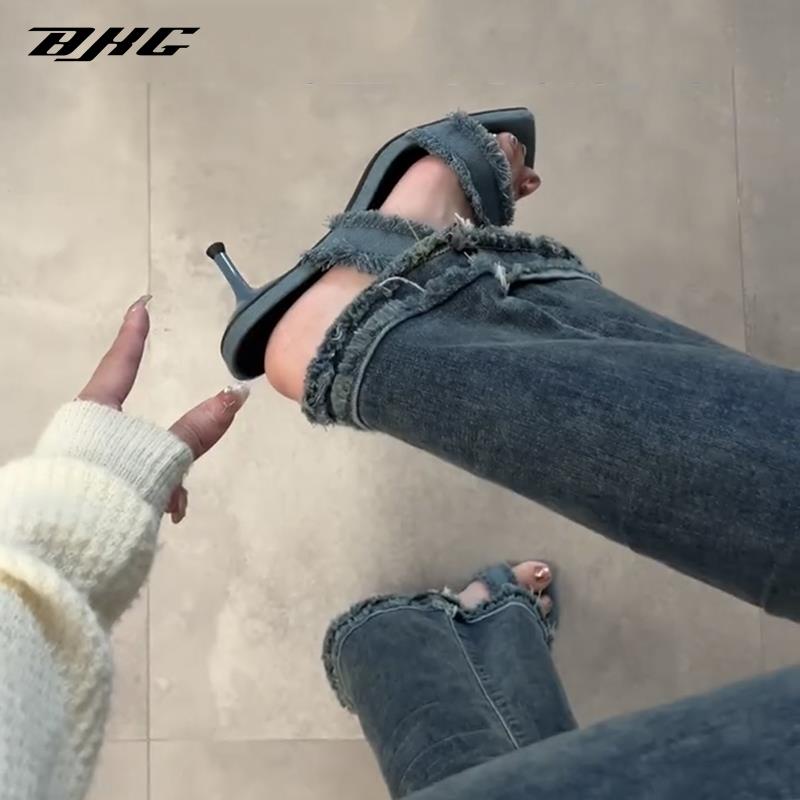 Dép cao gót BJHG WAVW chất liệu denim cao cấp thiết kế mới thời trang mùa hè 2023 dành cho nữ