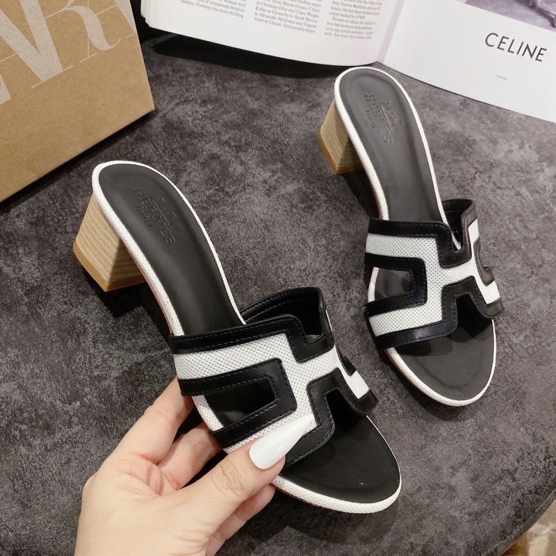 Guốc cao got vuông HM cao 5cm,quai da và vải jean xanh