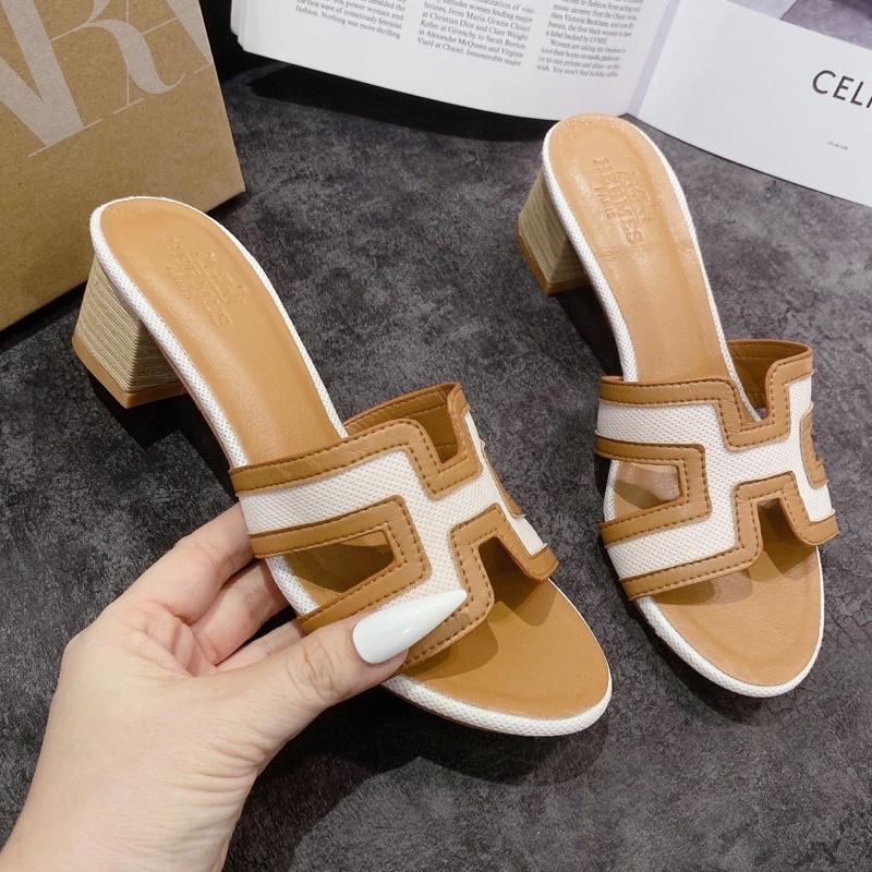 Guốc cao got vuông HM cao 5cm,quai da và vải jean xanh