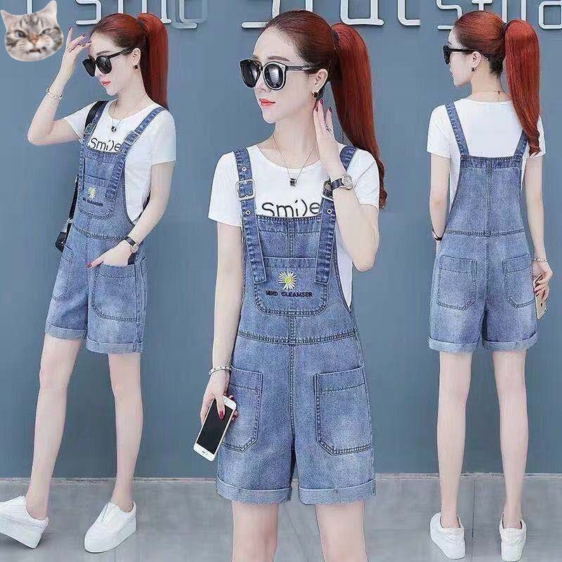 Bộ Áo Thun + Quần Yếm Denim Ngắn Dáng Rộng In Hoa Cúc Thời Trang Mùa Hè 2022 Phong Cách Hàn Quốc Cho Nữ