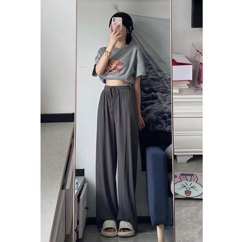 Jiashucheng Quần Ống Rộng Lưng Cao Bằng Lụa Lạnh Mỏng Phong Cách Mới Mùa Hè Dễ Phối Đồ Dành Cho Bạn Nữ